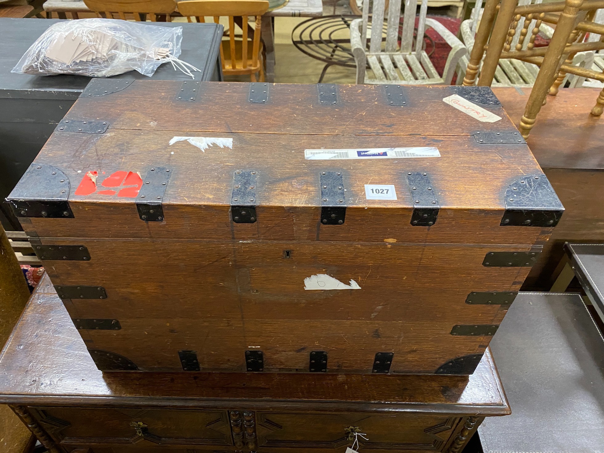 A late Victorian iron bound oak silver chest, width 72cm, depth, 34cm, height 44cm